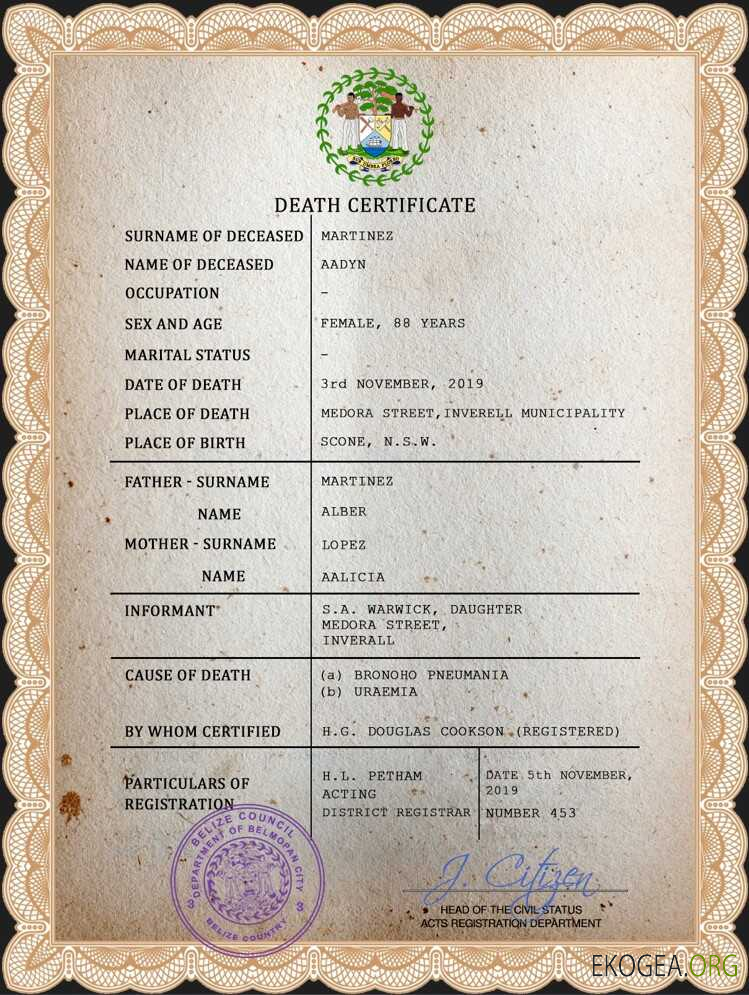 Modèle PSD de certificat de décès du Belize